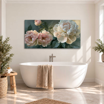 A large cream peony beside blush flowers and broad green leaves single canvas wall art styled in an interior