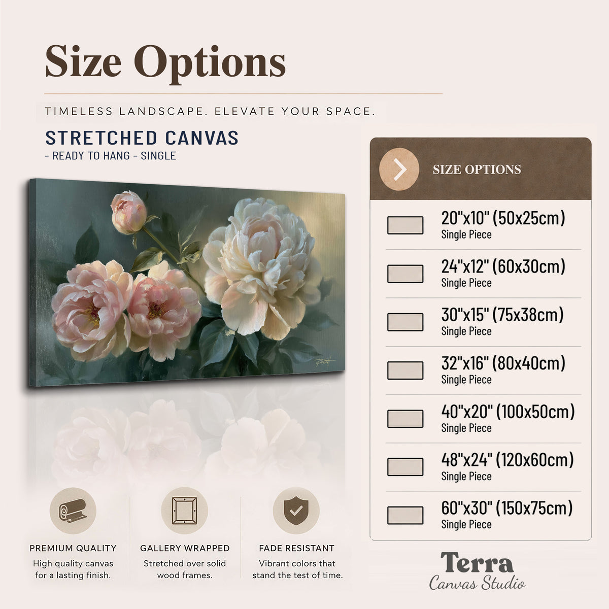 A large cream peony beside blush flowers and broad green leaves single canvas wall art available dimensions