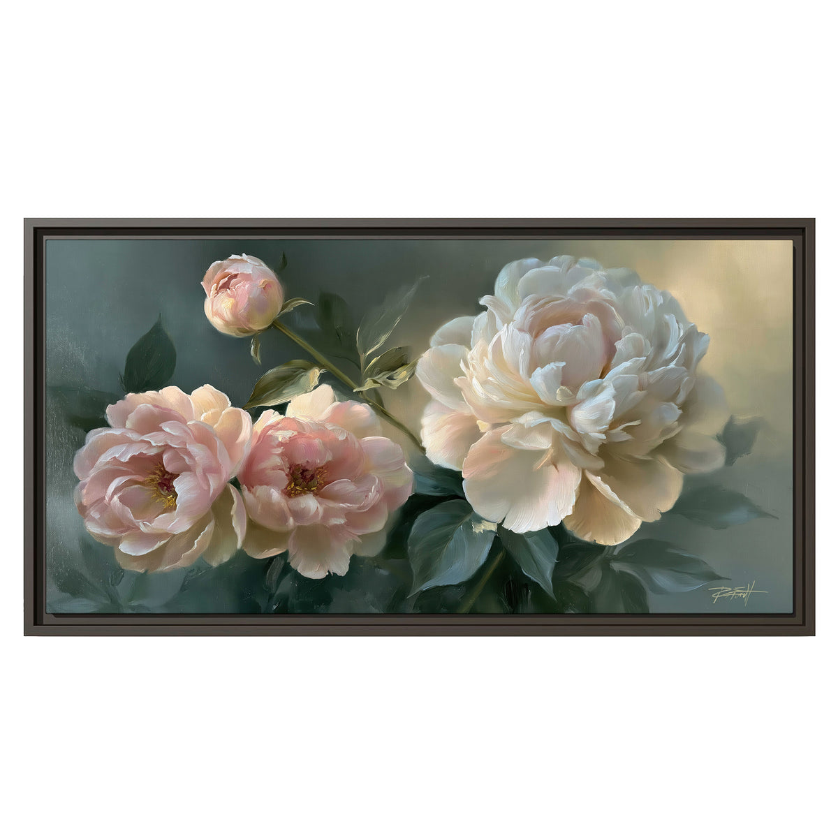 A large cream peony beside blush flowers and broad green leaves single framed canvas wall art viewed straight on