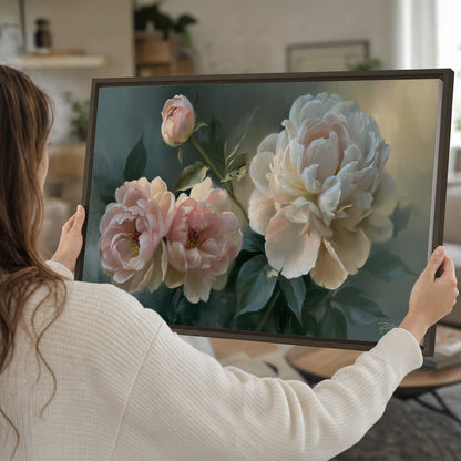 A large cream peony beside blush flowers and broad green leaves single framed canvas wall art held in hands