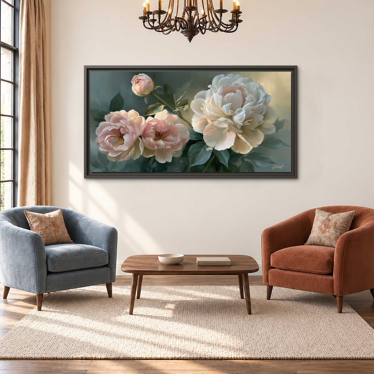 A large cream peony beside blush flowers and broad green leaves single framed canvas wall art styled in an interior