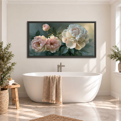 A large cream peony beside blush flowers and broad green leaves single framed canvas wall art styled in an interior