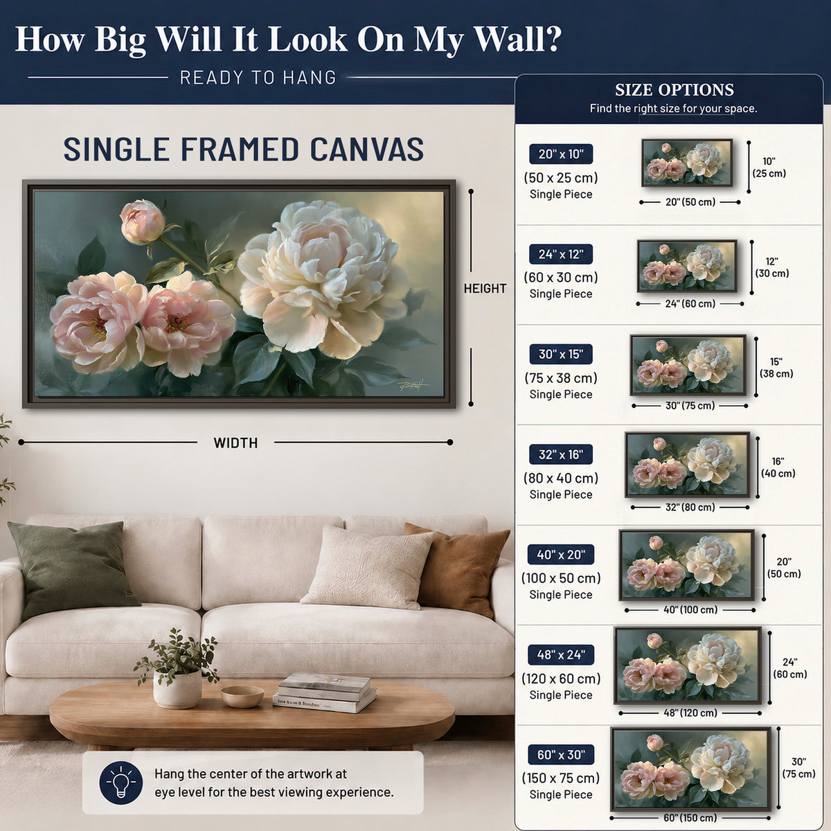 A large cream peony beside blush flowers and broad green leaves single framed canvas wall art size guide above a sofa; room view is illustrative