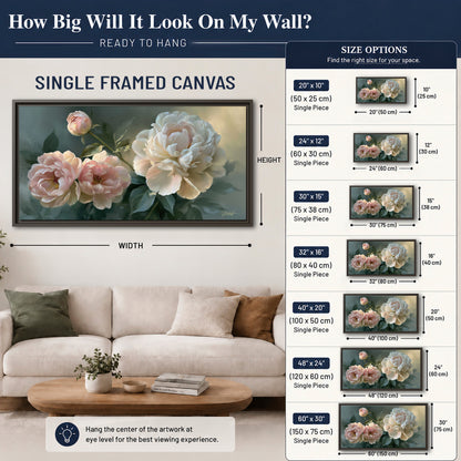 A large cream peony beside blush flowers and broad green leaves single framed canvas wall art size guide above a sofa; room view is illustrative