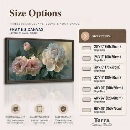 A large cream peony beside blush flowers and broad green leaves single framed canvas wall art available dimensions