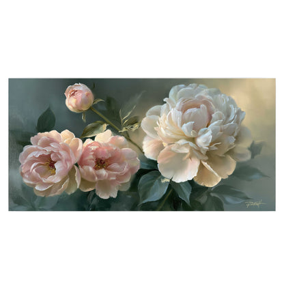 A large cream peony beside blush flowers and broad green leaves single poster print viewed straight on