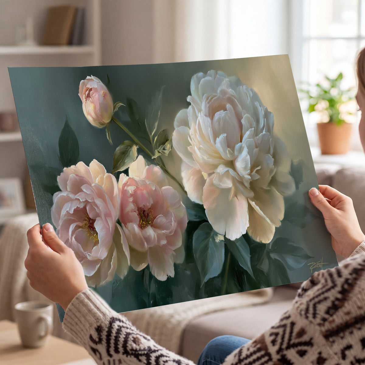 A large cream peony beside blush flowers and broad green leaves single poster print held in hands