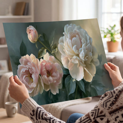 A large cream peony beside blush flowers and broad green leaves single poster print held in hands