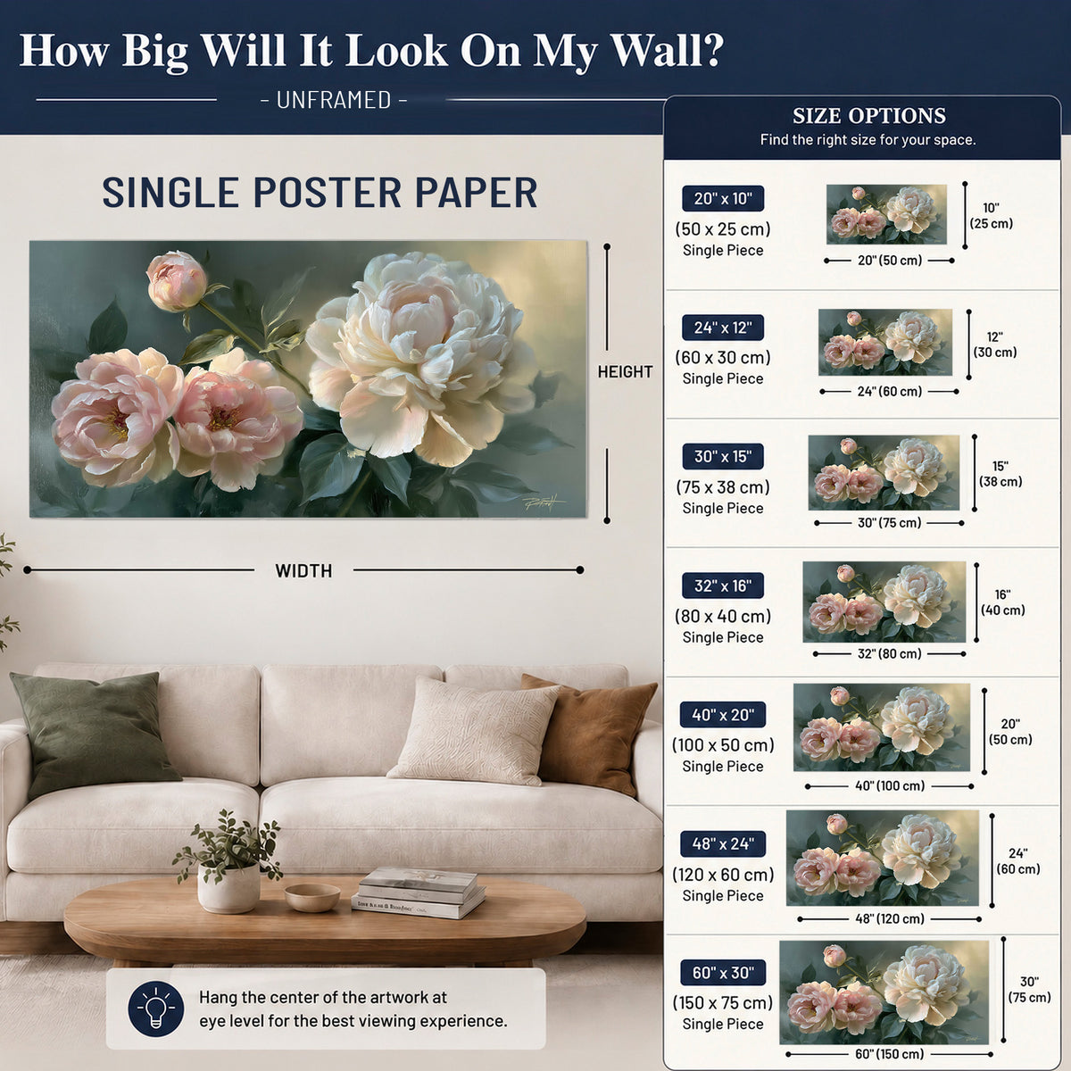 A large cream peony beside blush flowers and broad green leaves single poster print size guide above a sofa; room view is illustrative