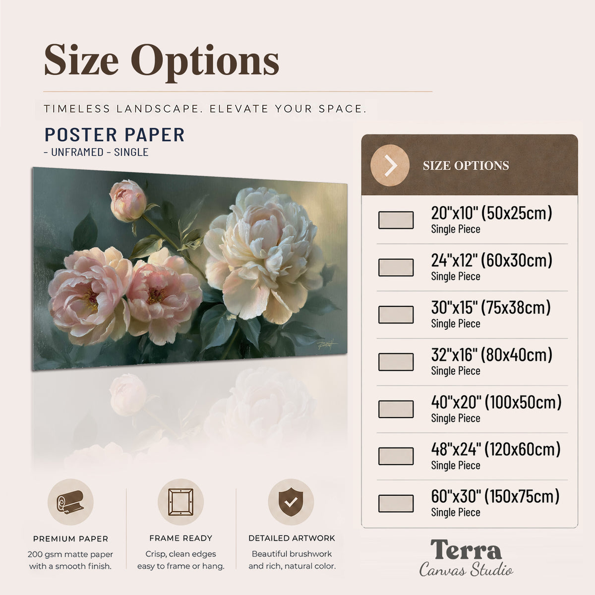 A large cream peony beside blush flowers and broad green leaves single poster print available dimensions