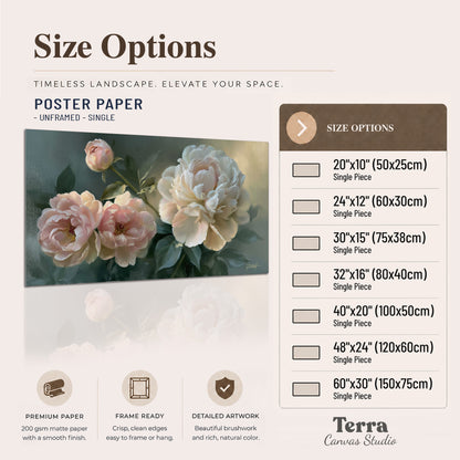 A large cream peony beside blush flowers and broad green leaves single poster print available dimensions