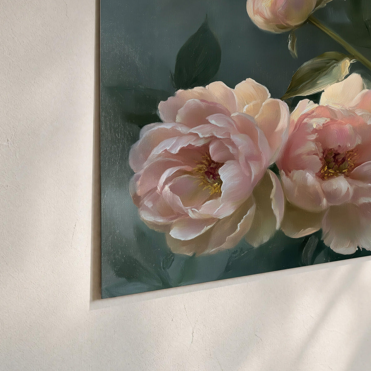 A large cream peony beside blush flowers and broad green leaves set of 3 poster prints material and edge close up
