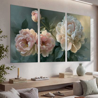 A large cream peony beside blush flowers and broad green leaves set of 3 poster prints displayed in a console