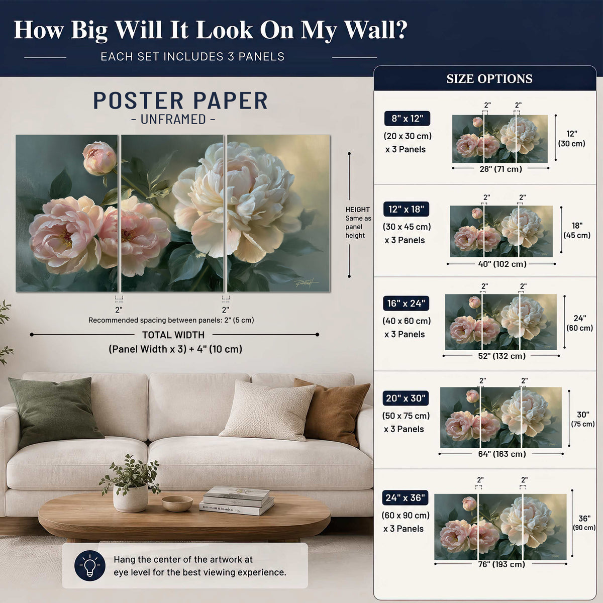 A large cream peony beside blush flowers and broad green leaves set of 3 poster prints size guide above a sofa; room view is illustrative
