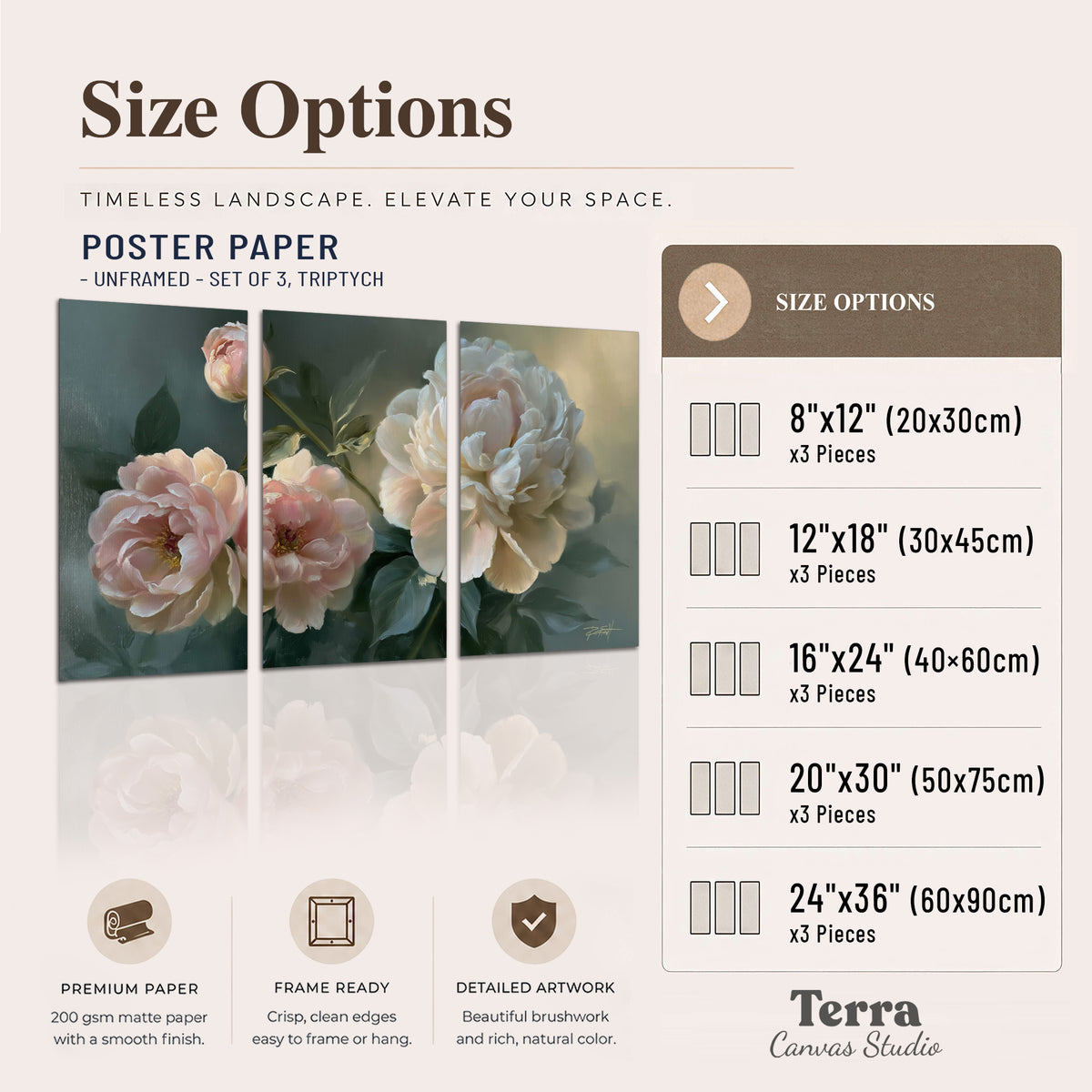 A large cream peony beside blush flowers and broad green leaves set of 3 poster prints available dimensions; triptych dimensions are per panel