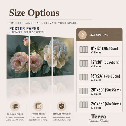 A large cream peony beside blush flowers and broad green leaves set of 3 poster prints available dimensions; triptych dimensions are per panel