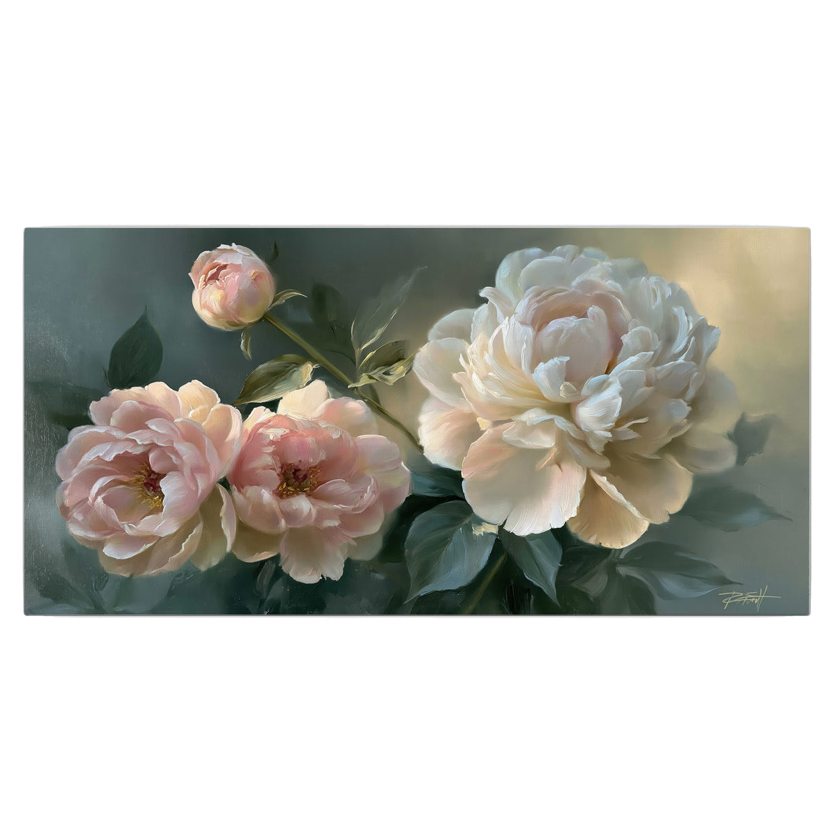 A large cream peony beside blush flowers and broad green leaves single canvas wall art viewed straight on