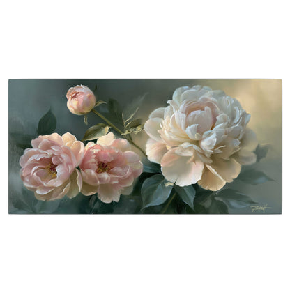 A large cream peony beside blush flowers and broad green leaves single canvas wall art viewed straight on