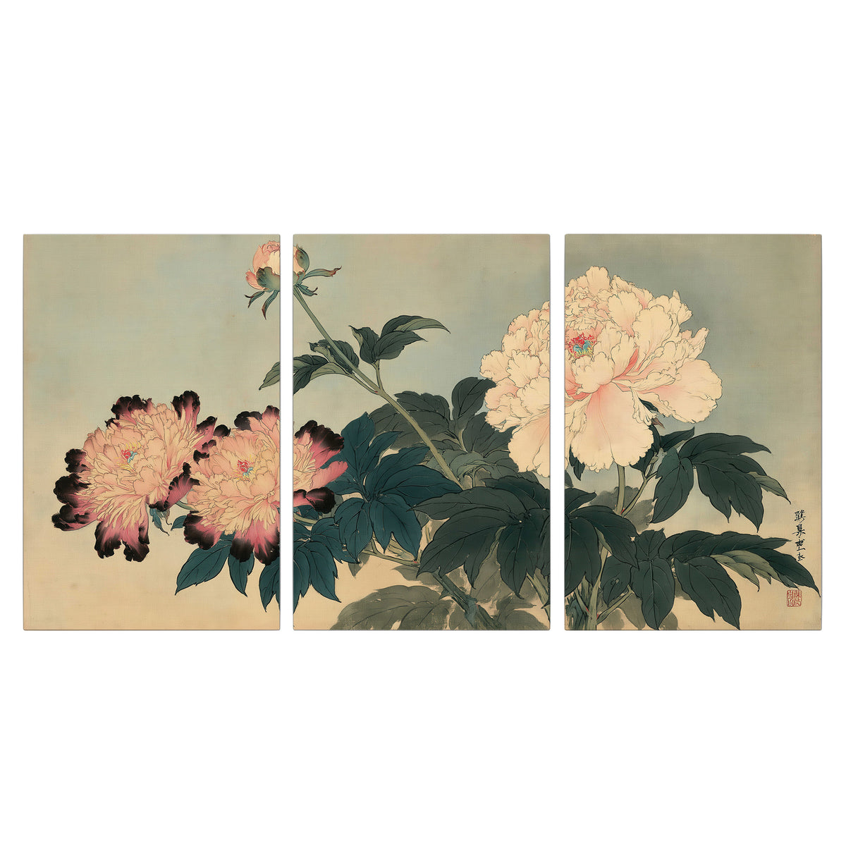 Pink and cream peonies with dark green leaves on a warm beige ground 3 piece canvas wall art viewed straight on