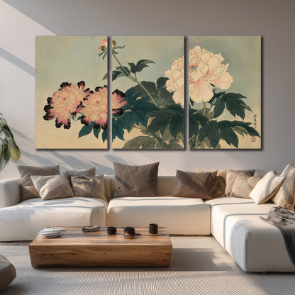 Pink and cream peonies with dark green leaves on a warm beige ground 3 piece canvas wall art displayed in a living room