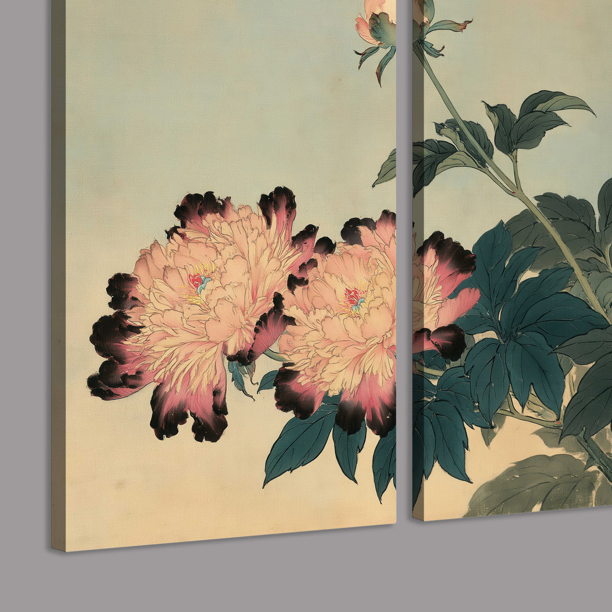 Pink and cream peonies with dark green leaves on a warm beige ground 3 piece canvas wall art room and product view