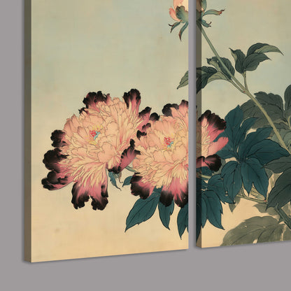 Pink and cream peonies with dark green leaves on a warm beige ground 3 piece canvas wall art room and product view