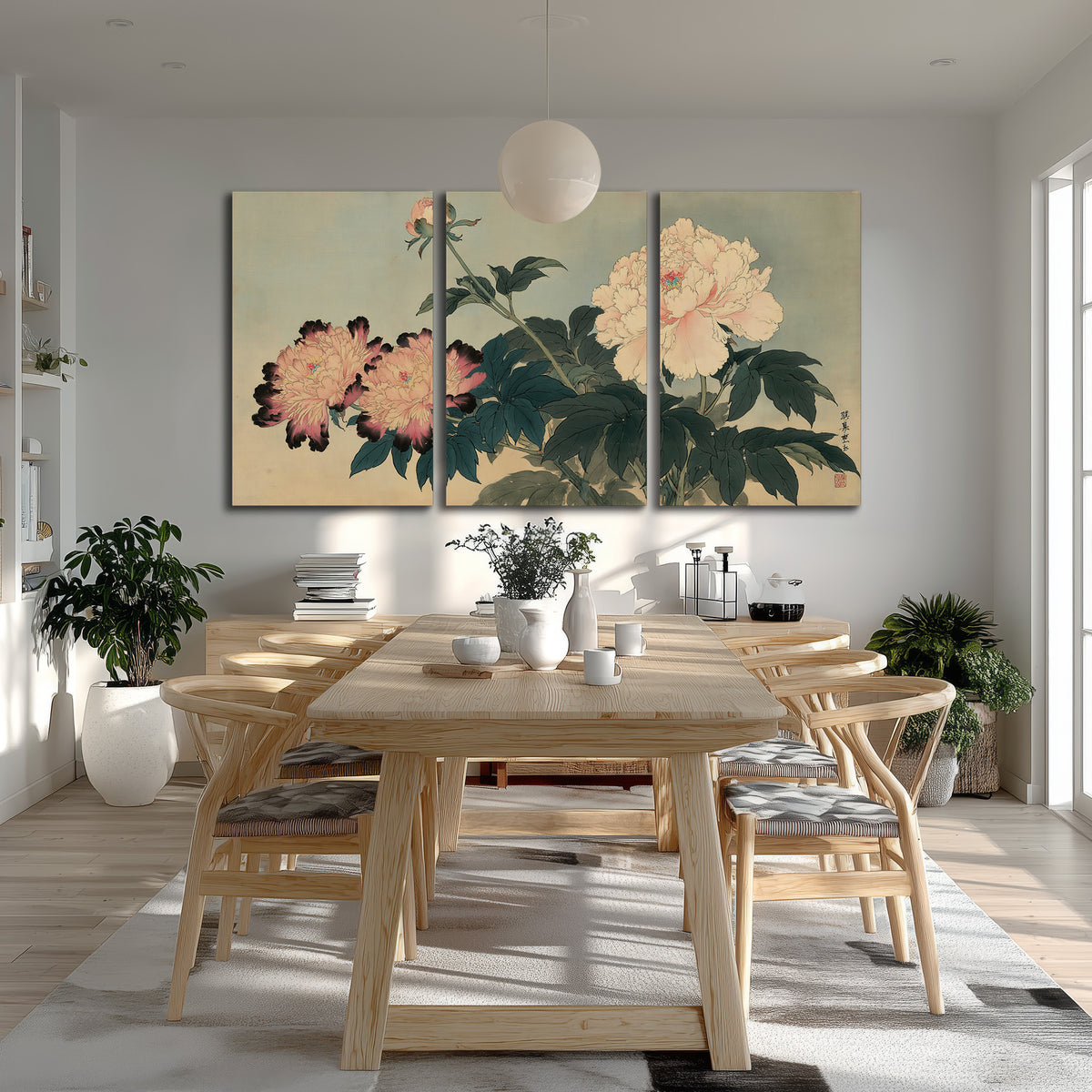 Pink and cream peonies with dark green leaves on a warm beige ground 3 piece canvas wall art room and product view