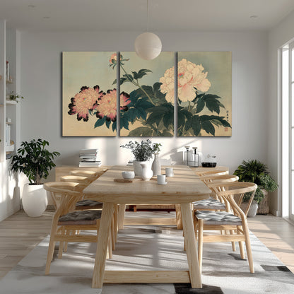 Pink and cream peonies with dark green leaves on a warm beige ground 3 piece canvas wall art room and product view