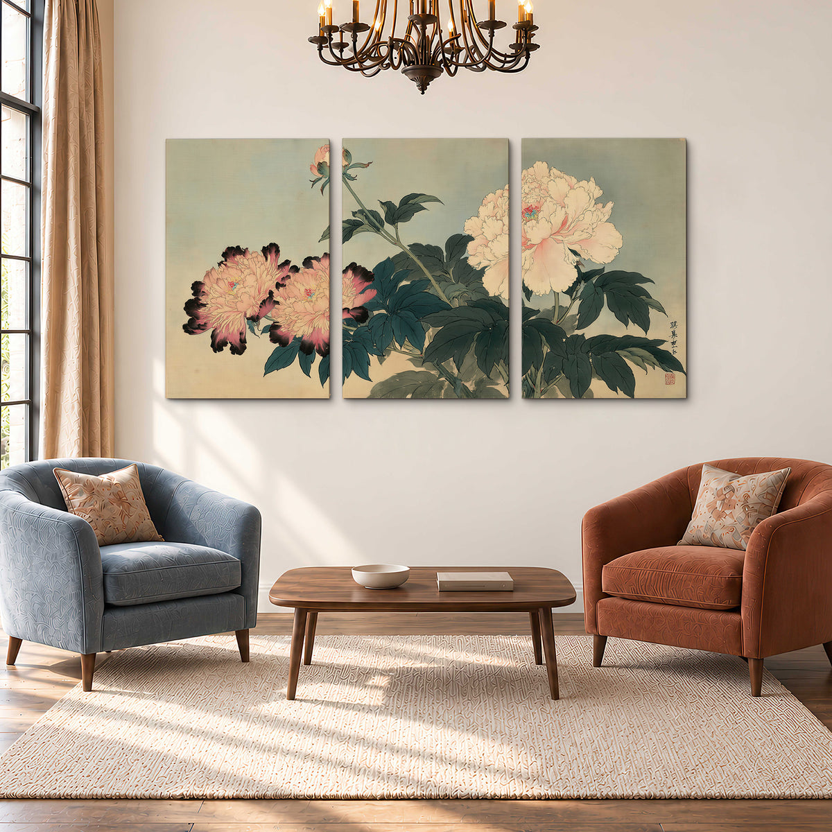 Pink and cream peonies with dark green leaves on a warm beige ground 3 piece canvas wall art styled in an interior
