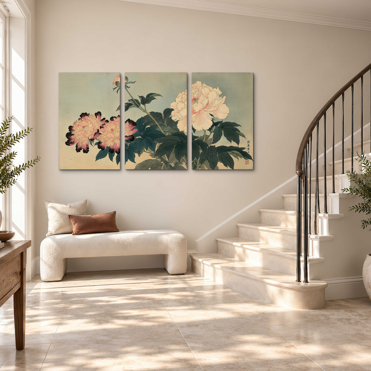 Pink and cream peonies with dark green leaves on a warm beige ground 3 piece canvas wall art styled in an interior