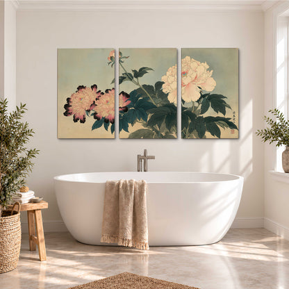 Pink and cream peonies with dark green leaves on a warm beige ground 3 piece canvas wall art styled in an interior