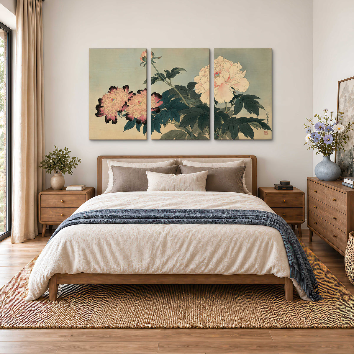 Pink and cream peonies with dark green leaves on a warm beige ground 3 piece canvas wall art styled in an interior