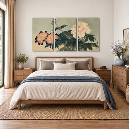 Pink and cream peonies with dark green leaves on a warm beige ground 3 piece canvas wall art styled in an interior