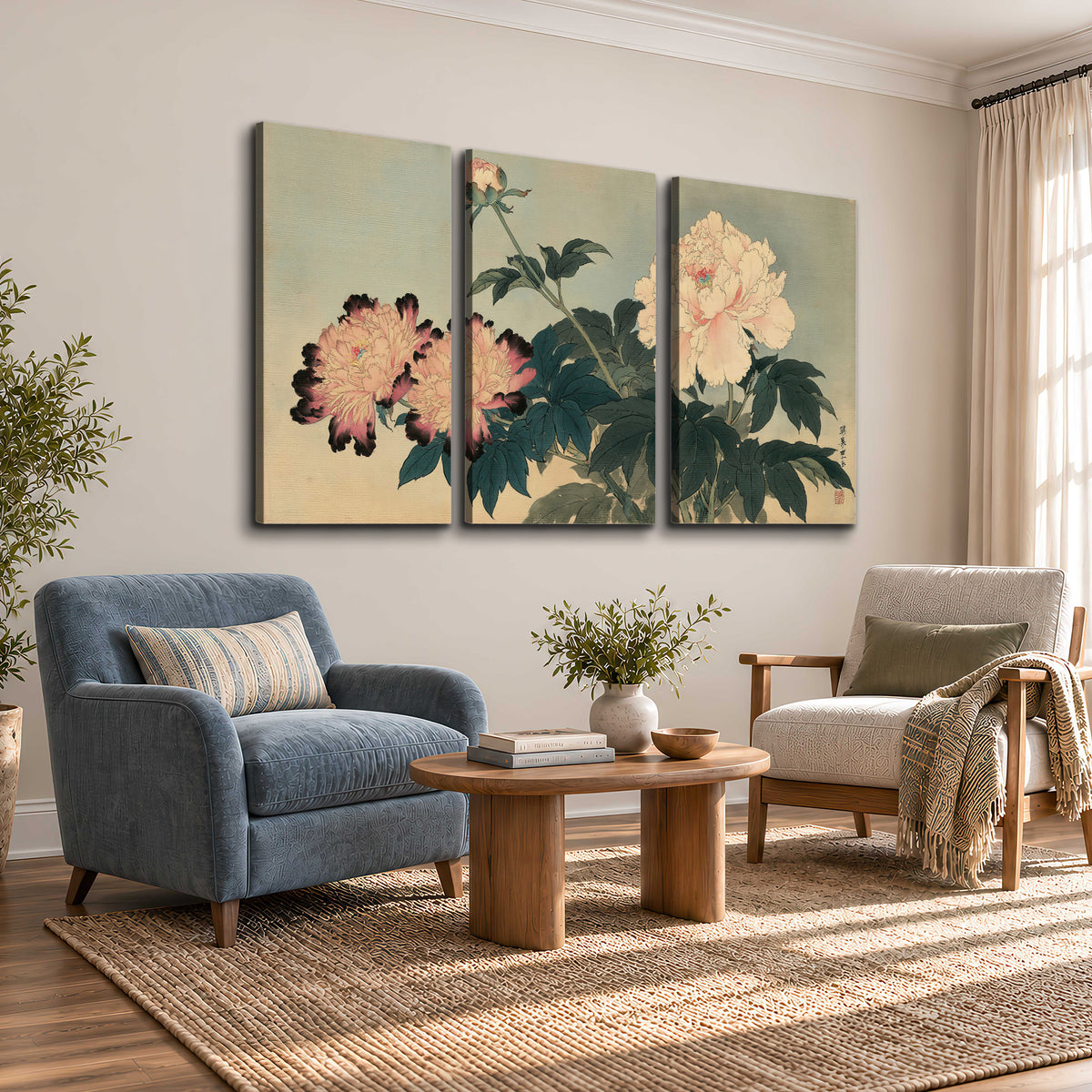 Pink and cream peonies with dark green leaves on a warm beige ground 3 piece canvas wall art styled in an interior