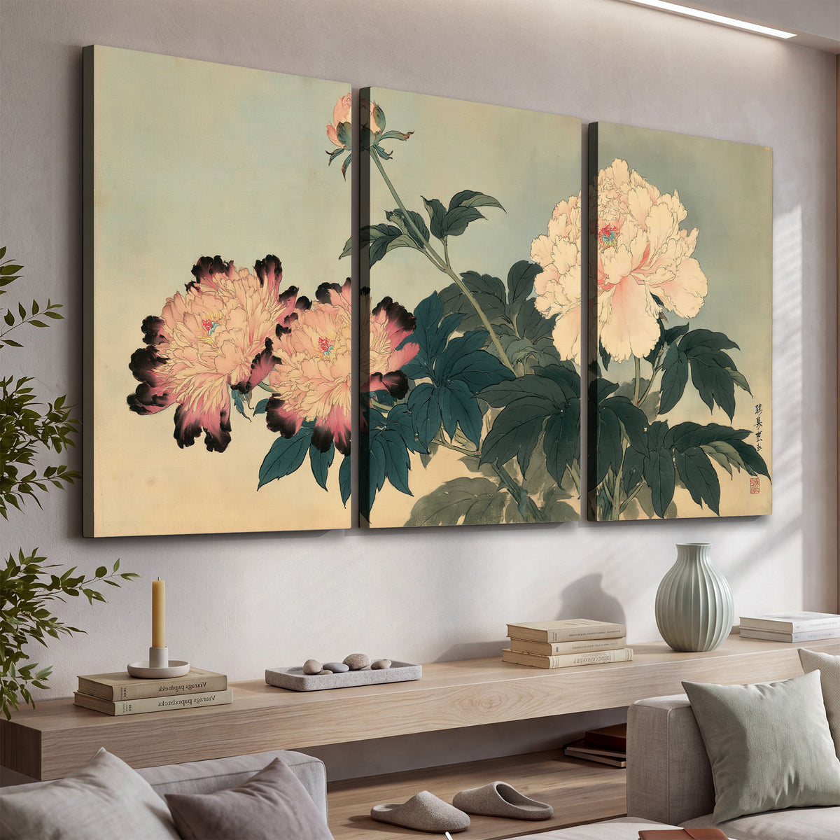Pink and cream peonies with dark green leaves on a warm beige ground 3 piece canvas wall art displayed in a console