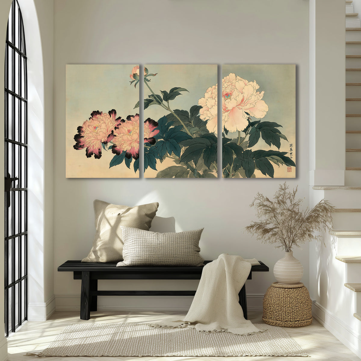 Pink and cream peonies with dark green leaves on a warm beige ground 3 piece canvas wall art displayed in a entryway