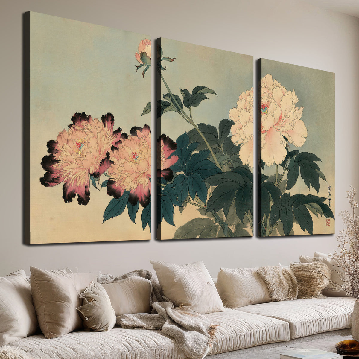 Pink and cream peonies with dark green leaves on a warm beige ground 3 piece canvas wall art room and product view