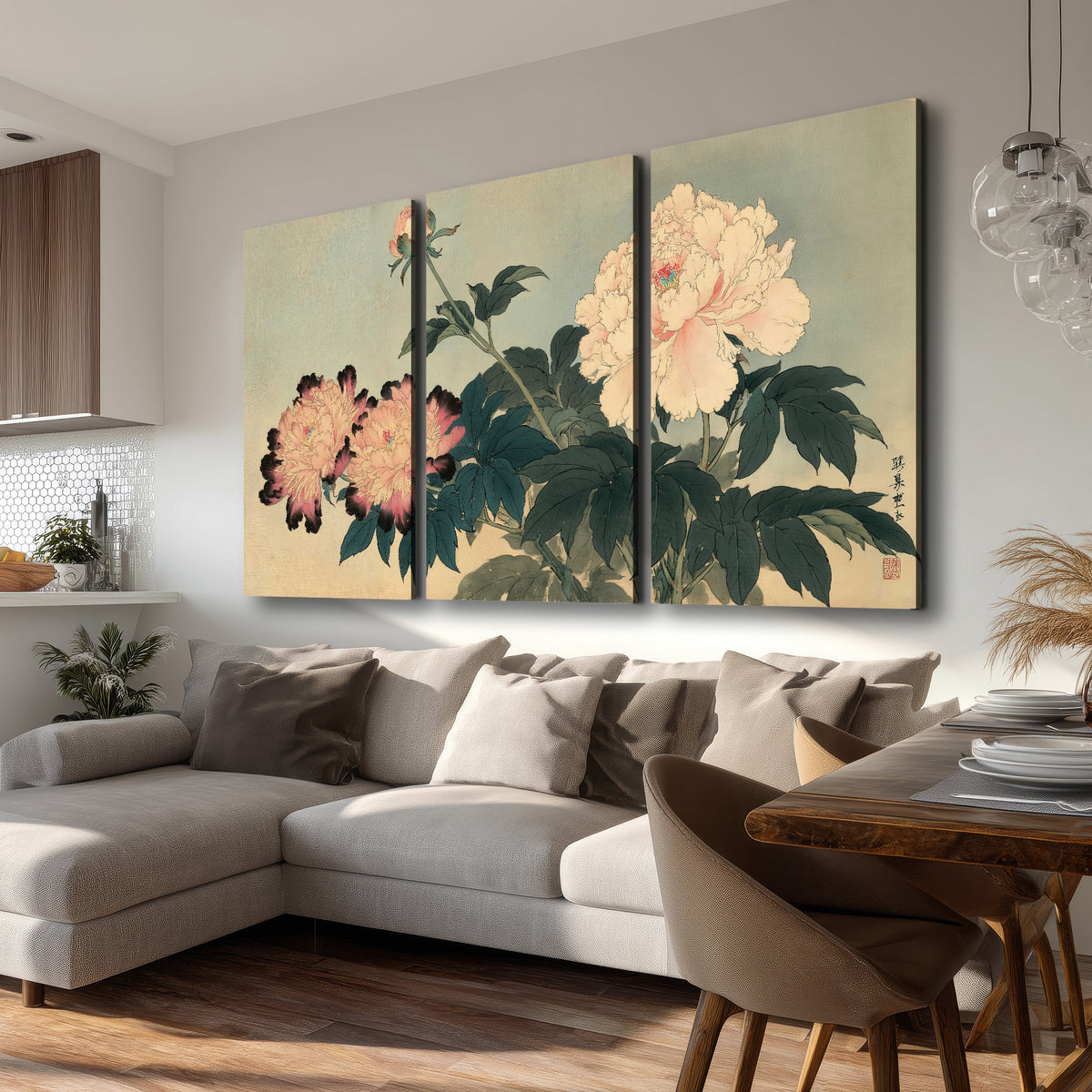 Pink and cream peonies with dark green leaves on a warm beige ground 3 piece canvas wall art room and product view