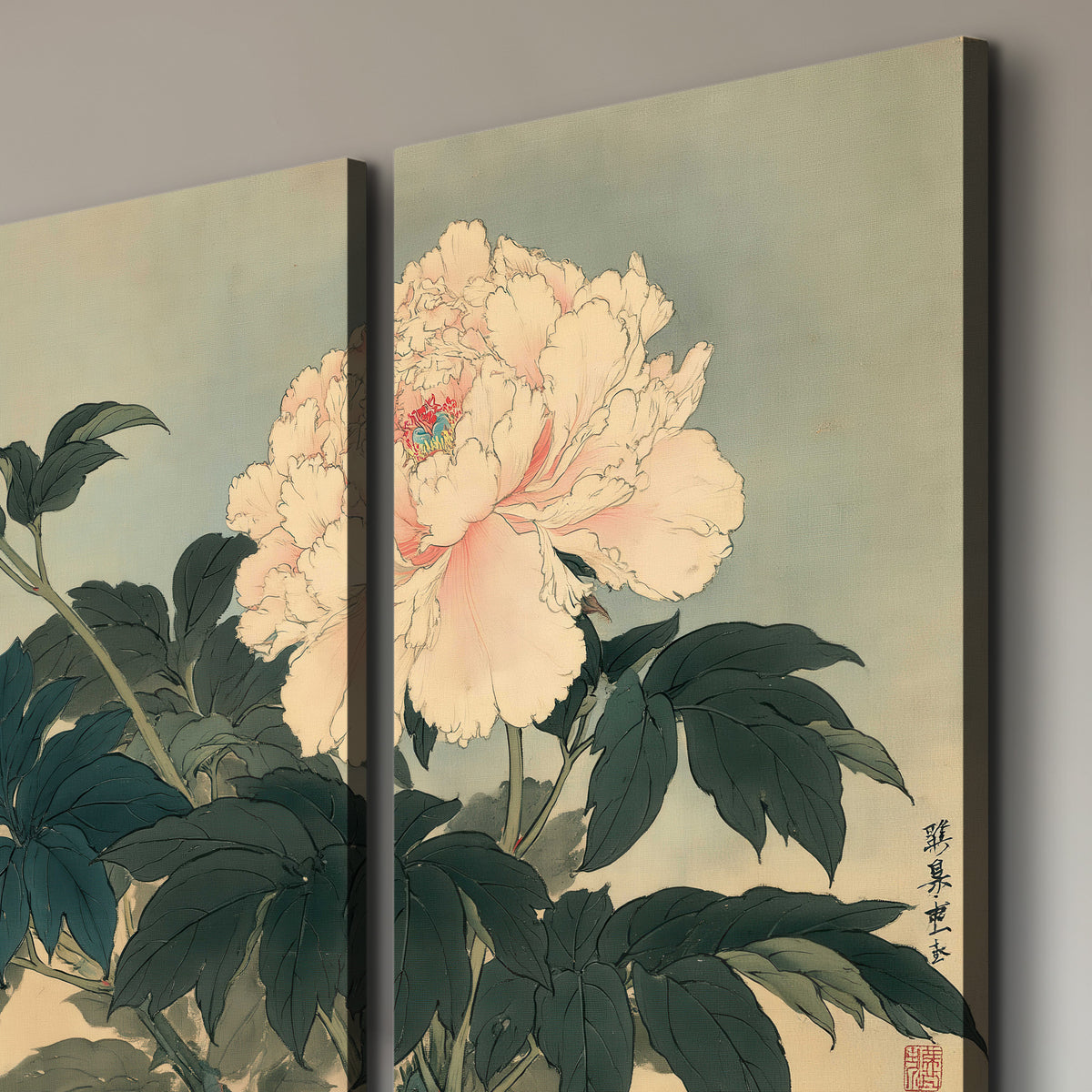 Pink and cream peonies with dark green leaves on a warm beige ground 3 piece canvas wall art room and product view