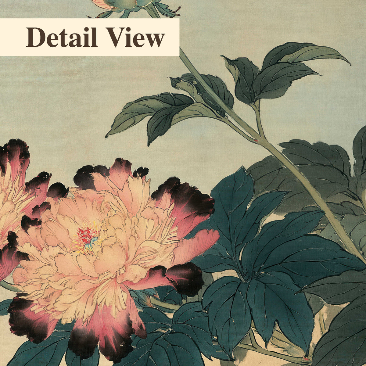 Pink and cream peonies with dark green leaves on a warm beige ground 3 piece canvas wall art artwork detail close up