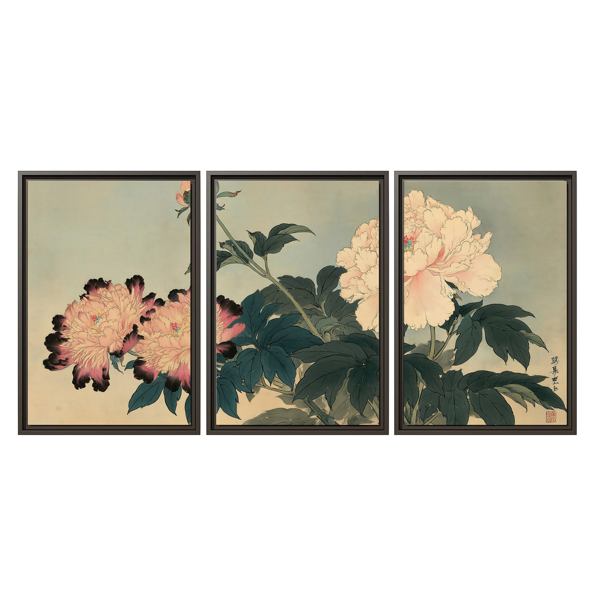 Pink and cream peonies with dark green leaves on a warm beige ground 3 piece framed canvas wall art viewed straight on