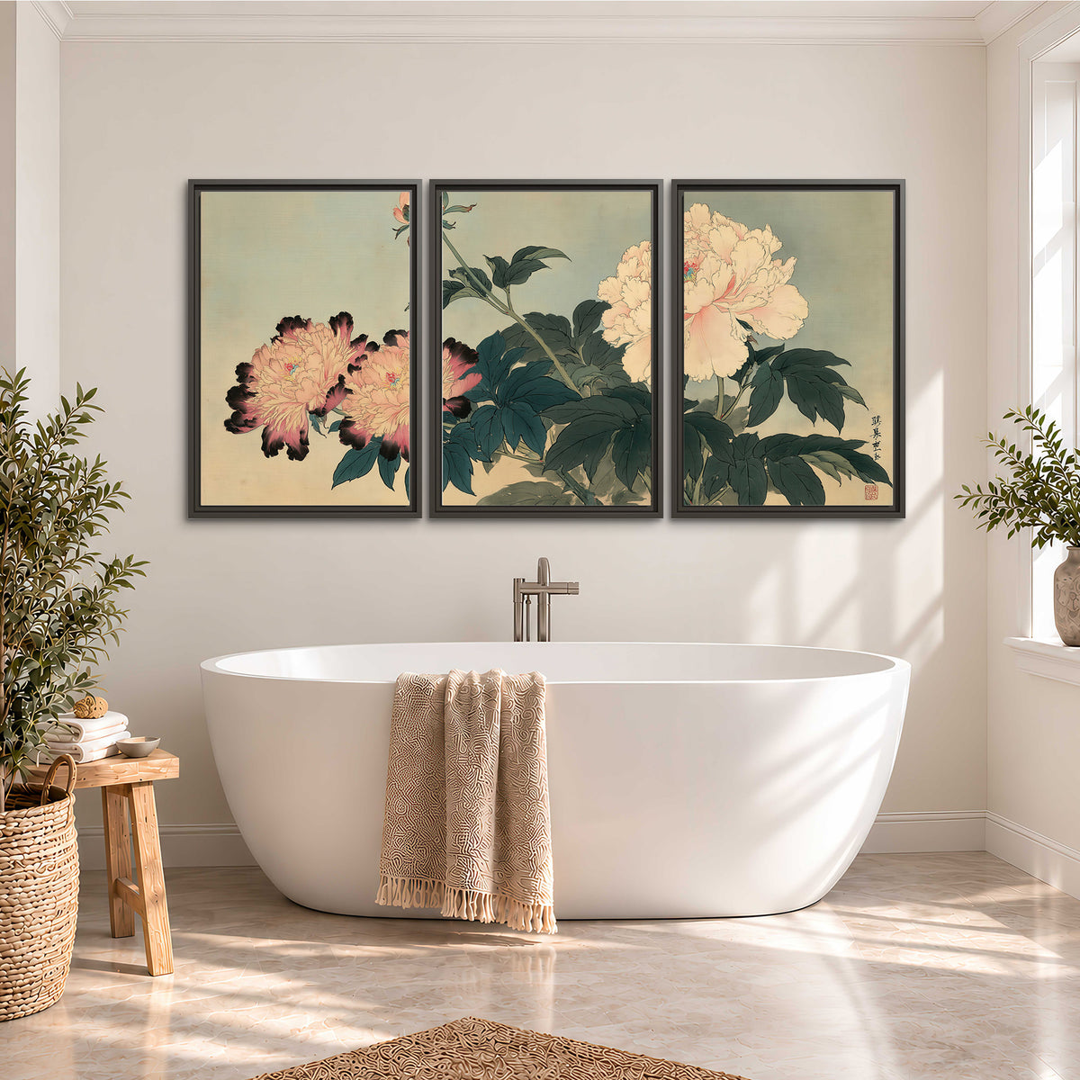 Pink and cream peonies with dark green leaves on a warm beige ground 3 piece framed canvas wall art styled in an interior