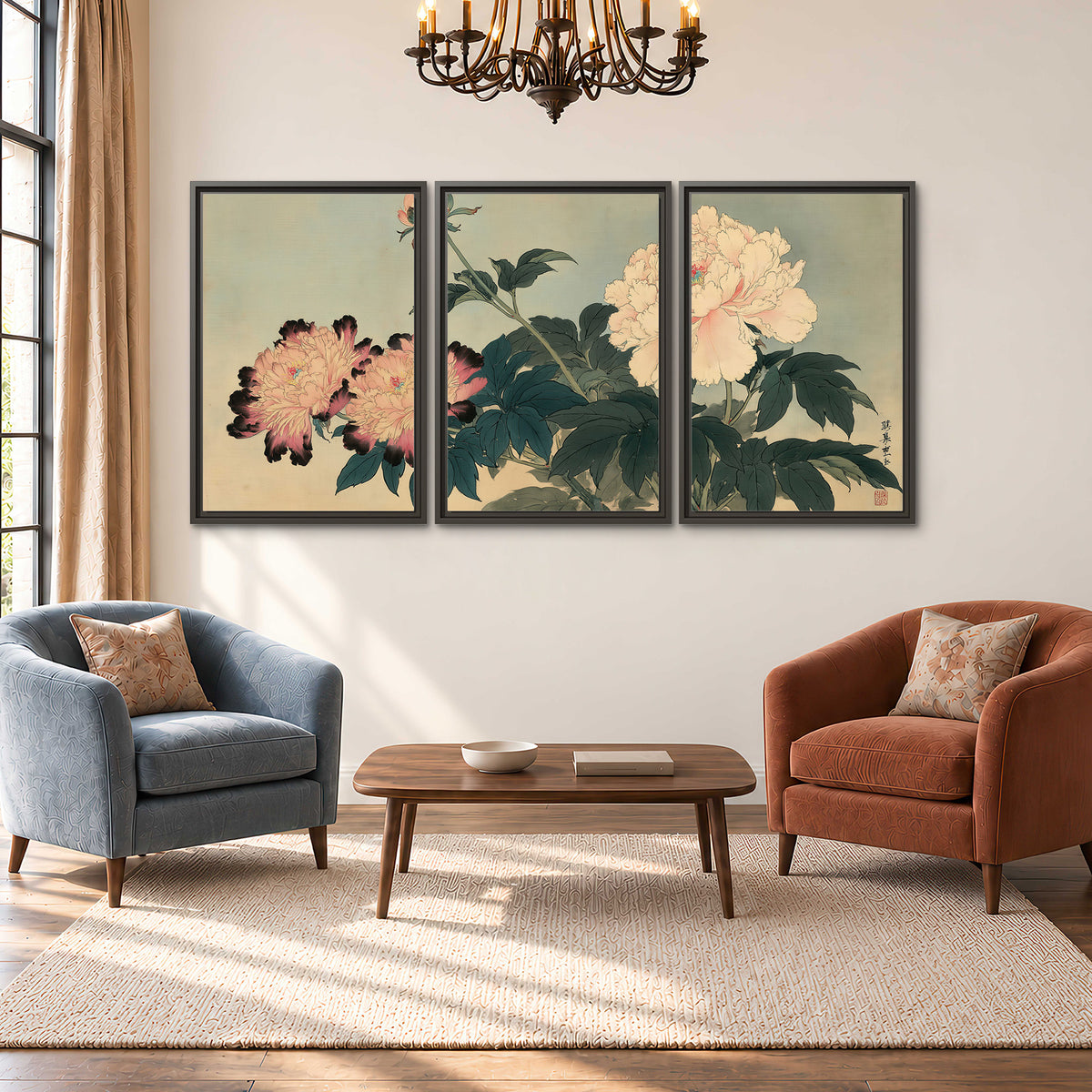 Pink and cream peonies with dark green leaves on a warm beige ground 3 piece framed canvas wall art styled in an interior