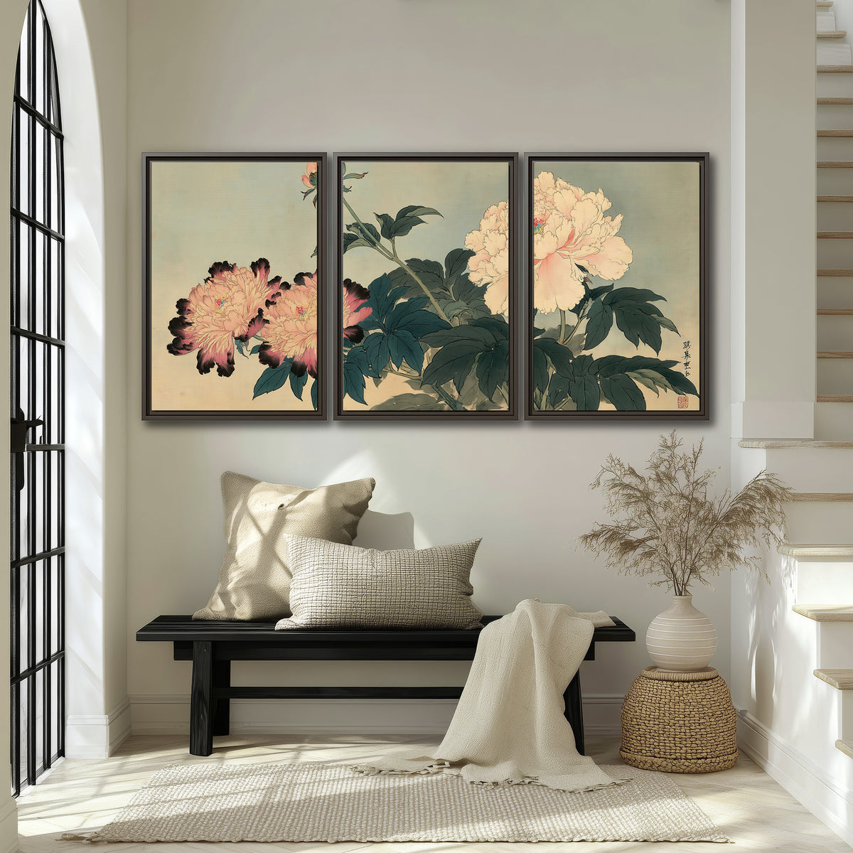 Pink and cream peonies with dark green leaves on a warm beige ground 3 piece framed canvas wall art displayed in a entryway