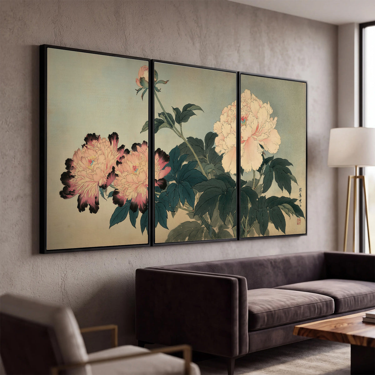 Pink and cream peonies with dark green leaves on a warm beige ground 3 piece framed canvas wall art displayed in a modern living room