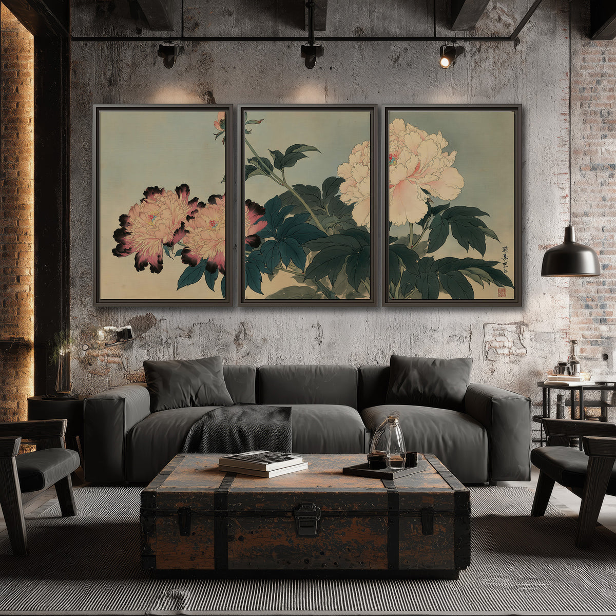 Pink and cream peonies with dark green leaves on a warm beige ground 3 piece framed canvas wall art displayed in a industrial room