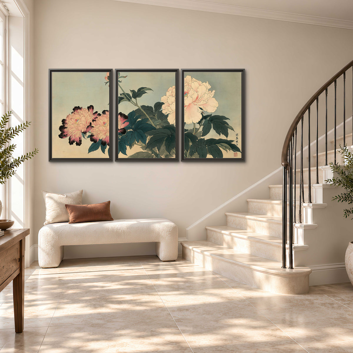 Pink and cream peonies with dark green leaves on a warm beige ground 3 piece framed canvas wall art styled in an interior