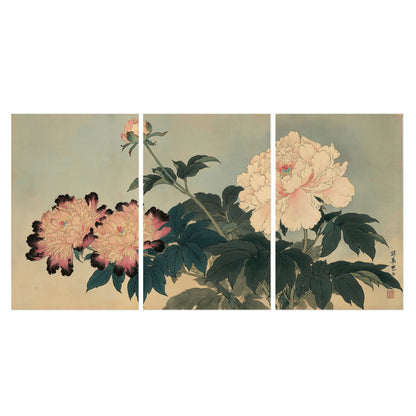 Pink and cream peonies with dark green leaves on a warm beige ground set of 3 poster prints viewed straight on