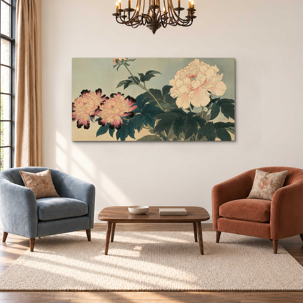 Pink and cream peonies with dark green leaves on a warm beige ground single canvas wall art styled in an interior
