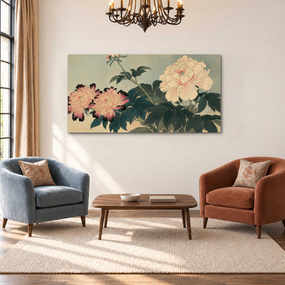 Pink and cream peonies with dark green leaves on a warm beige ground single canvas wall art styled in an interior